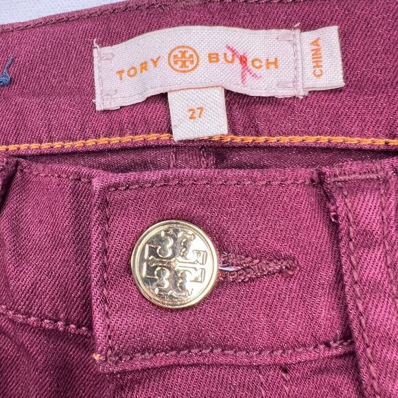 Tory Burch Super Skinny Jean Burgundy Cranberry Stretch Denim Mid Rise Size 27 - Picture 3 of 14
